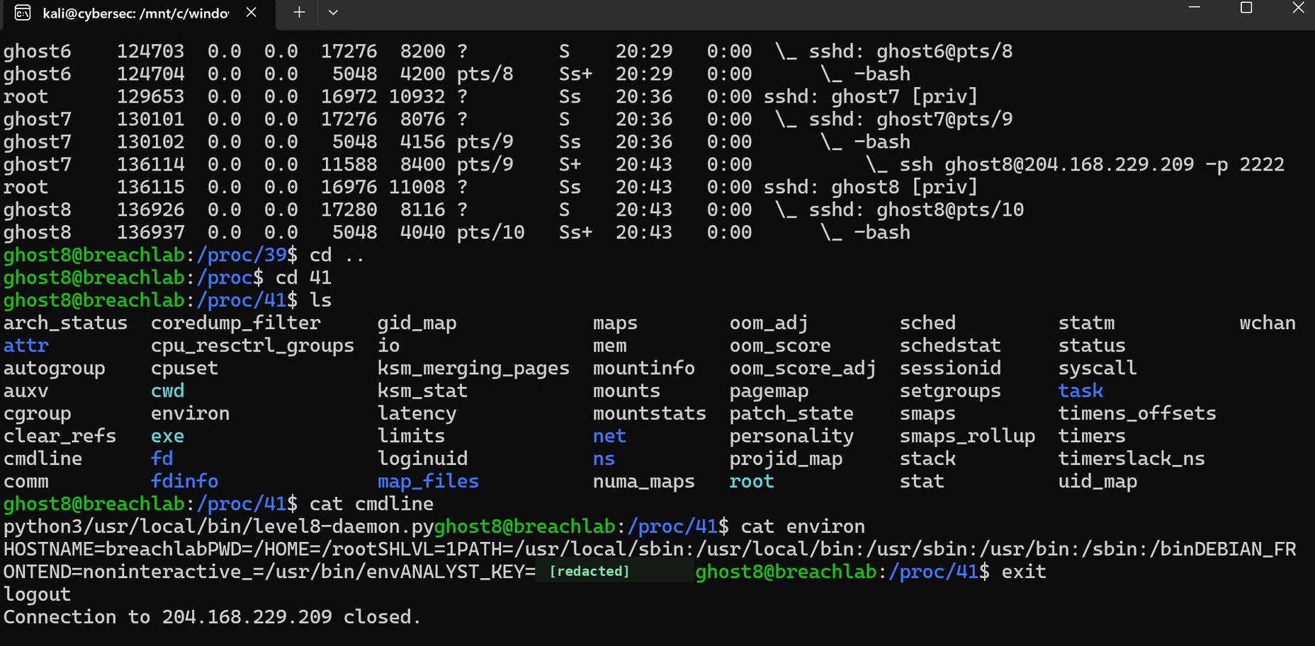 Terminal showing a ps process tree of chained sshd sessions for ghost6, ghost7, and ghost8, then an ls of /proc/41, then cat cmdline returning python3 /usr/local/bin/level8-daemon.py, then cat environ with the secret value redacted
