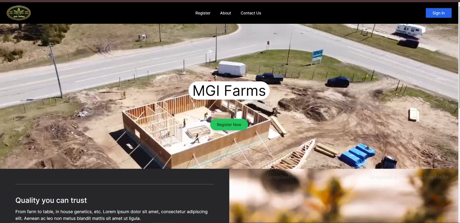 MGI Farms homepage with a drone footage hero and registration call to action